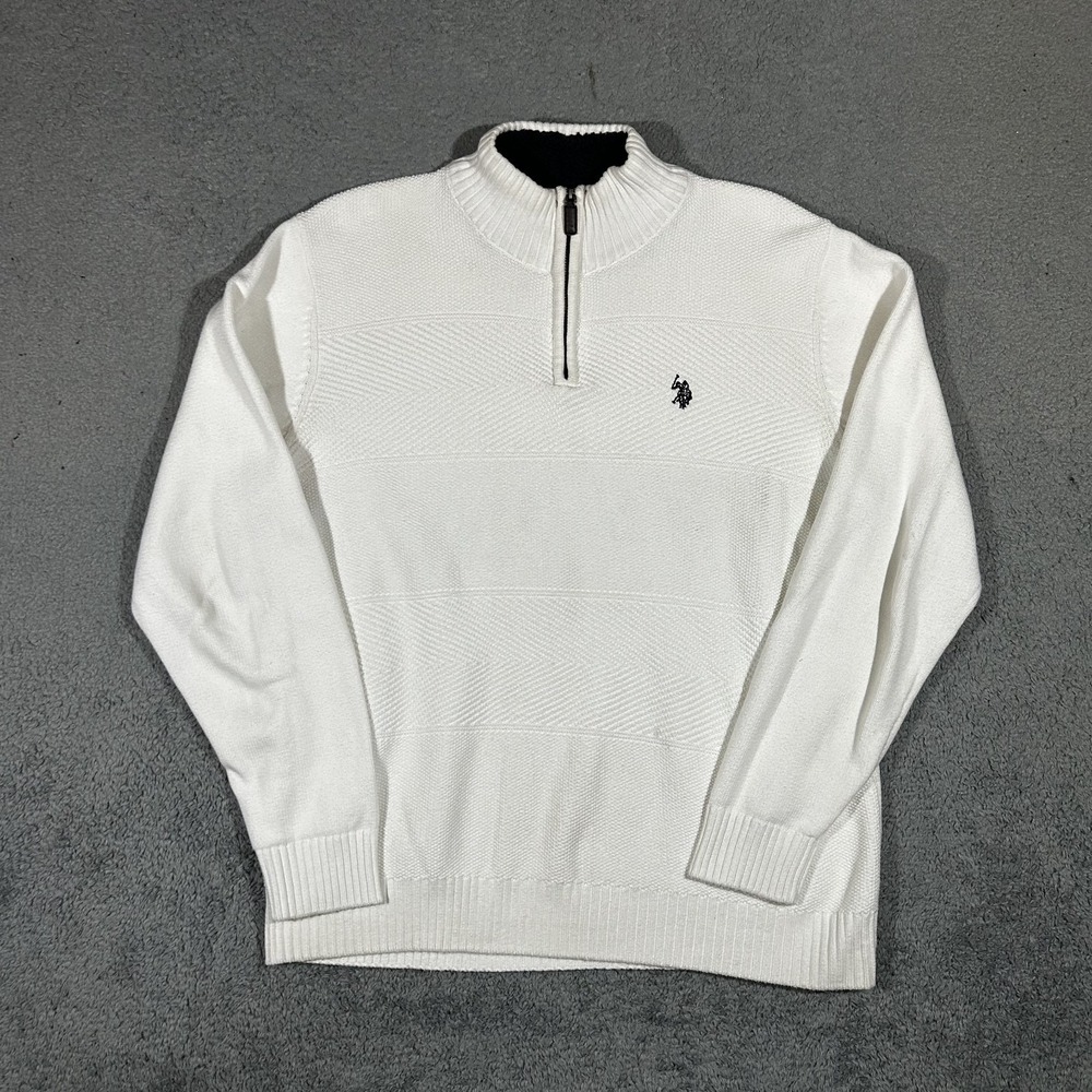 US Polo Assn Men's Large White Heather Quarter Zip Knit Sweater Fur Colar #1894